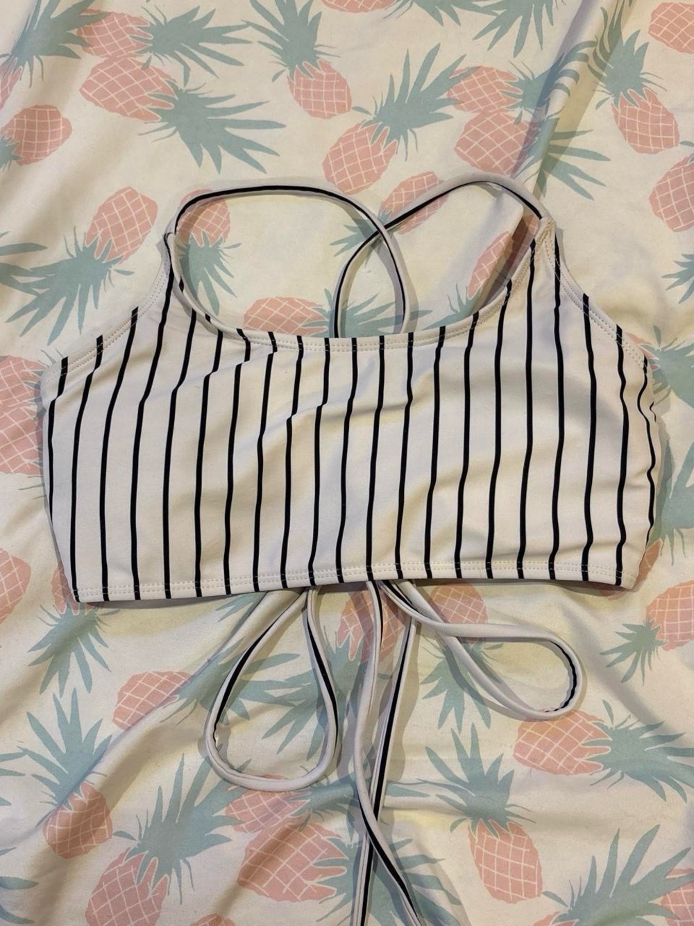 White With Black Stripe Tie-Back Bikini Top